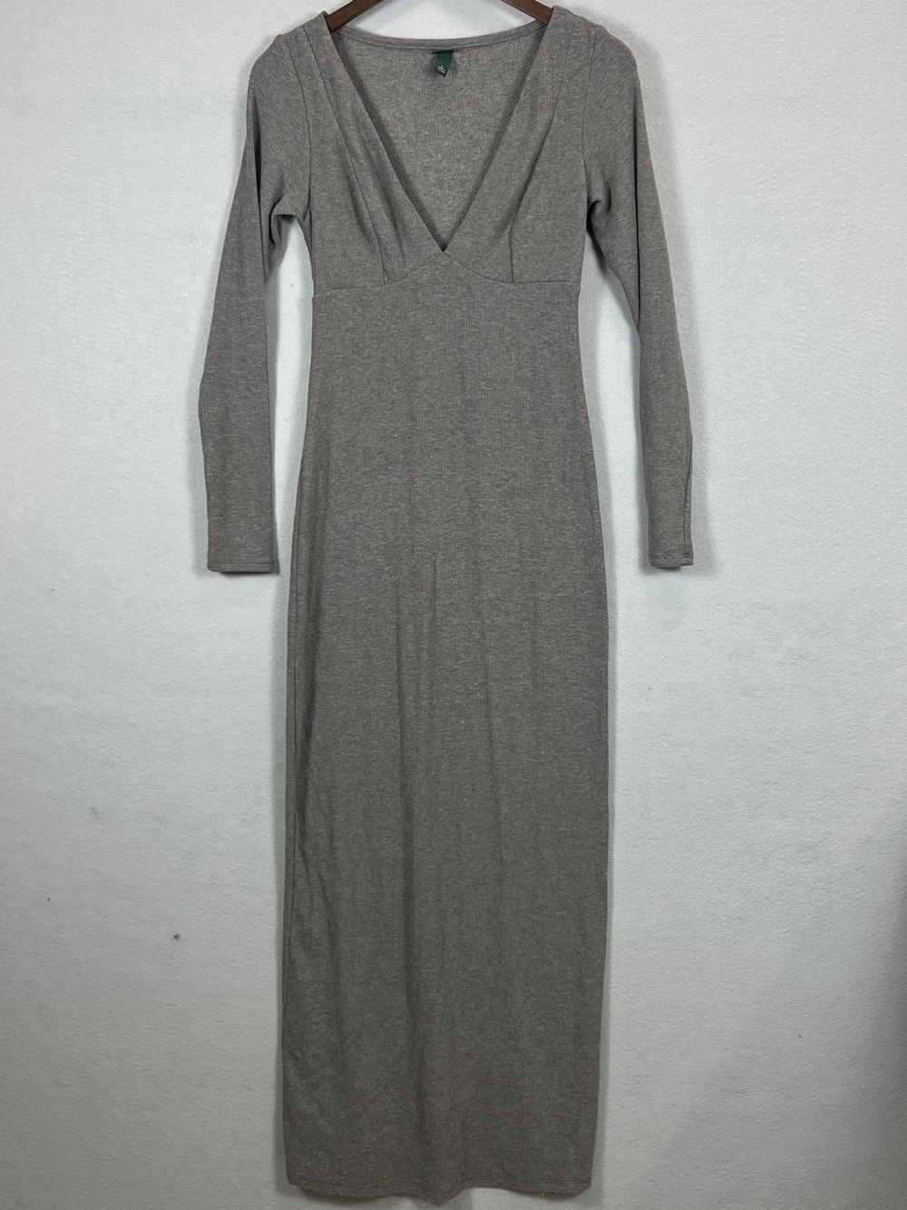 Wild Fable Women's S Gray Ribbed Maxi Dress Long Sleeve Deep V Neck Slit